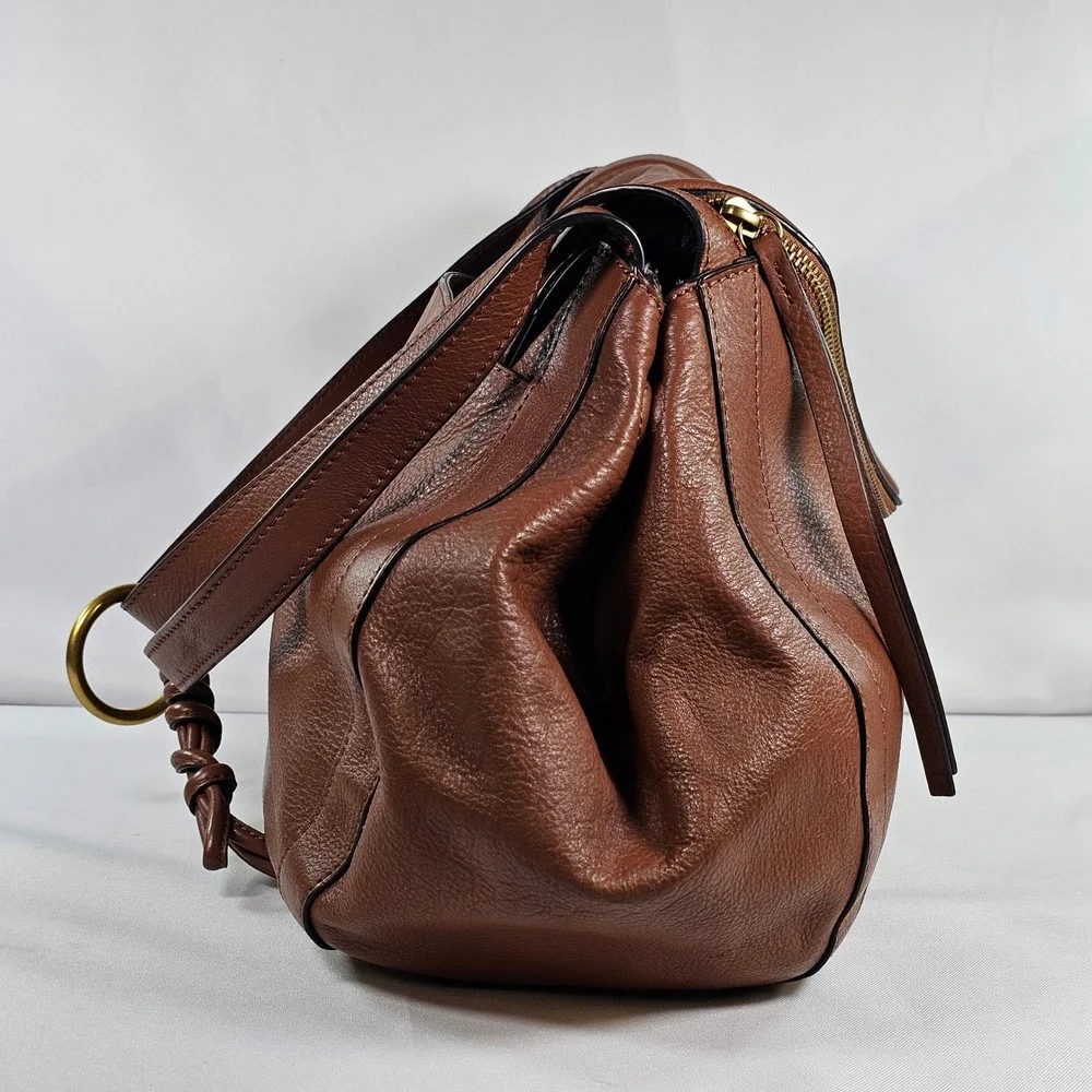 Vince Camuto Lenka Cognac Brown Pebbled‎ Leather V-Flap Shoulder Bag Hobo Purse